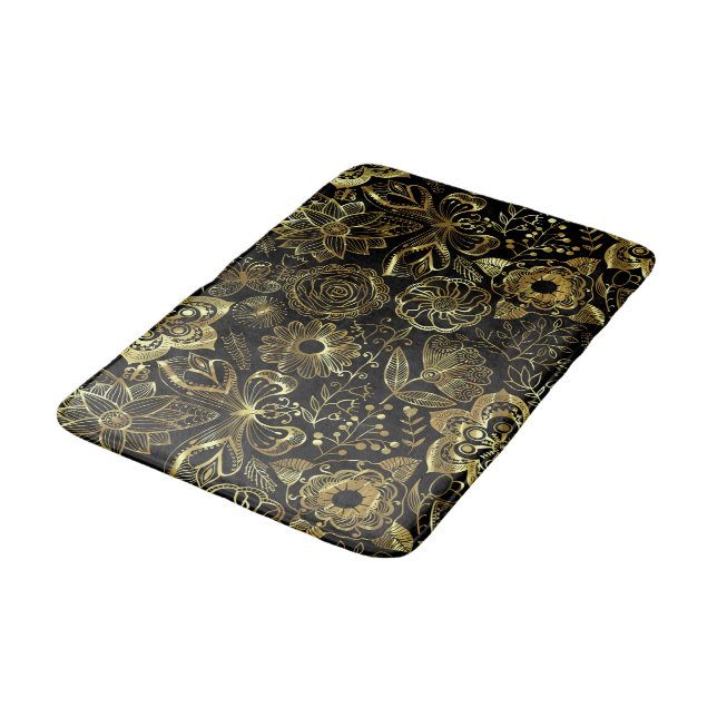 Gold-Blume und Schmetterlinge Badematte (Schrägansicht)