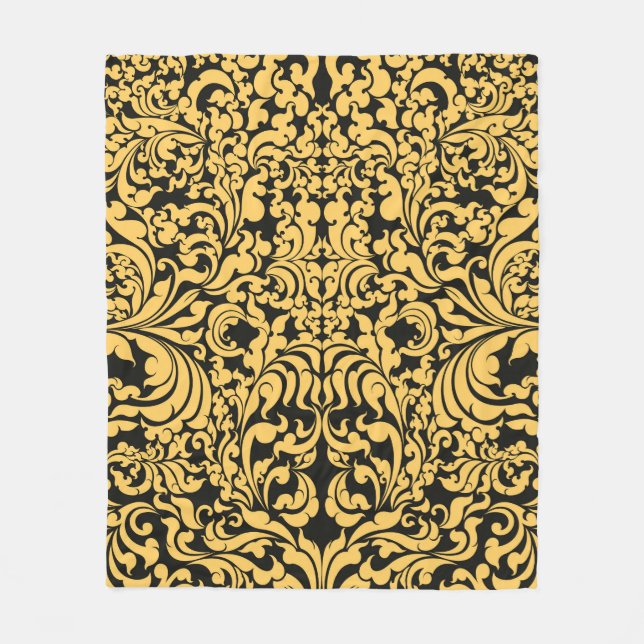 Gold blumengeschmückte Kunstmuster auf schwarz, th Fleecedecke (Vorderseite)