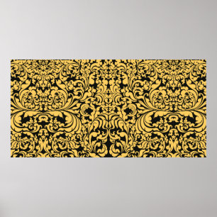 Gold blumengeschmückte Kunstmuster auf schwarz, th Poster