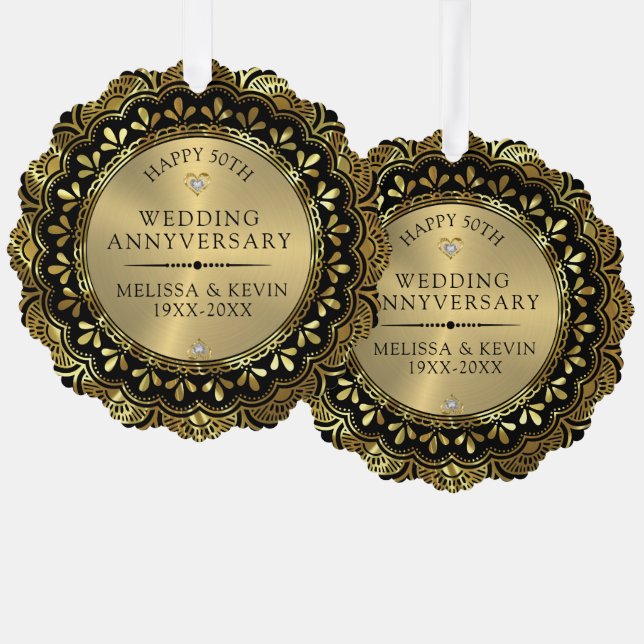 Gold Blumenmandala 50die Hochzeit auf schwarz Ornament Karte (Vorderseite/Rückseite)
