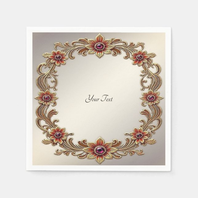 Gold-Blumenrahmen mit roten Steinen Serviette (Vorderseite)