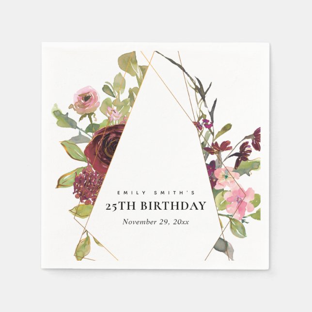 GOLD BLUSH BURGUNDY ROSE FLORAL JEDER ALTER GEBURT SERVIETTE (Vorderseite)