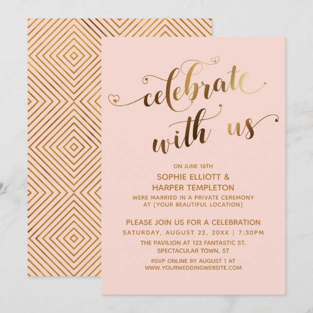 Gold & Blush Celebrate mit US Post-Wedding Party Einladung (Vorne/Hinten)