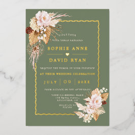 Gold Blush Flowers Sage Green Pampas Grass Wedding Folieneinladung