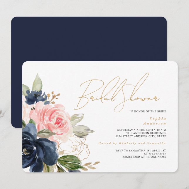 Gold Blush Navy Brautparty Einladung (Vorne/Hinten)