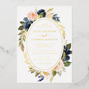 Gold Blush Navy Hochzeit Blumenfoliage Folieneinladung