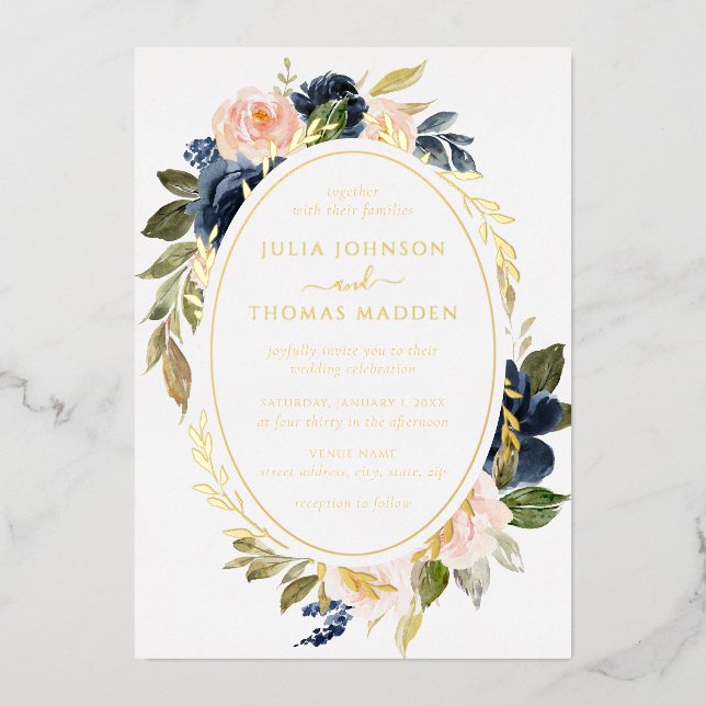 Gold Blush Navy Hochzeit Blumenfoliage Folieneinladung (Vorderseite)