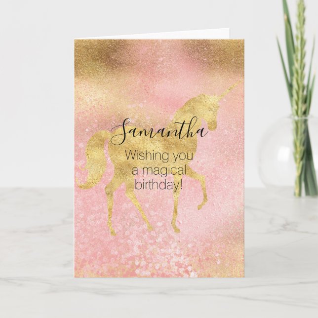 Gold Blush Pink Magical Unicorn Karte (Vorderseite)