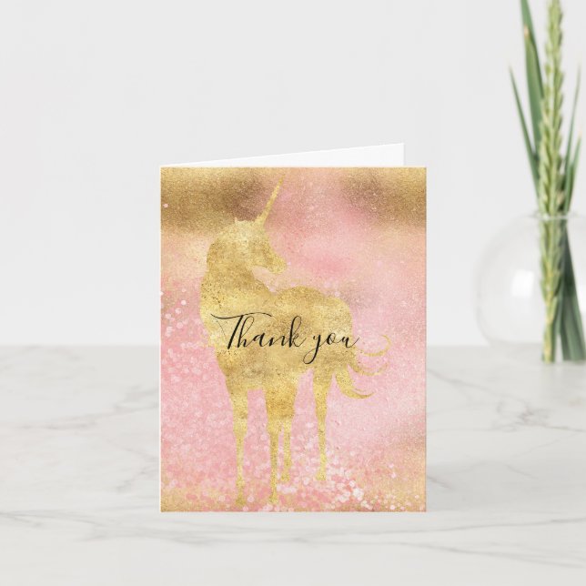 Gold Blush Pink Magical Unicorn Vielen Dank Dankeskarte (Vorderseite)