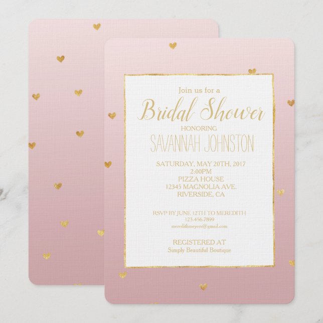 Gold Blush Pink Ombre Herz Einladung (Vorne/Hinten)
