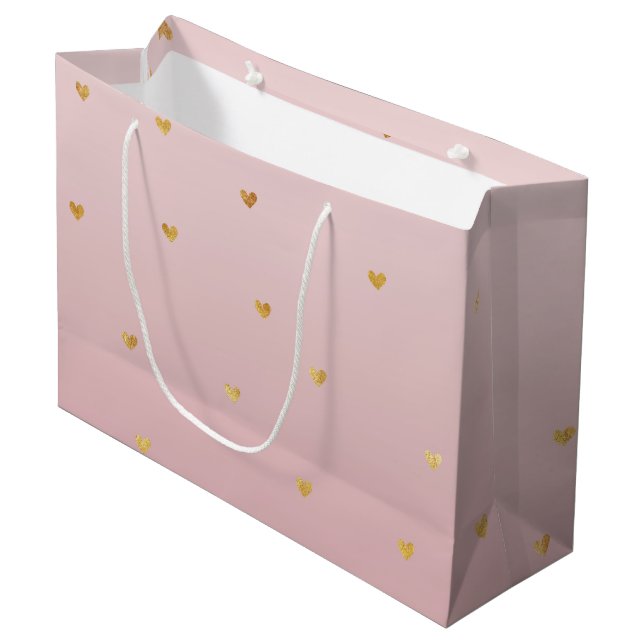 Gold Blush Pink Ombre Herz Große Geschenktüte (Vorderseite Schrägansicht)