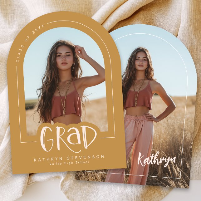 Gold Blush Pink Photo Graduation Faire-part (Front + Back | 5" x 7" invitation with Arch Corner Type)