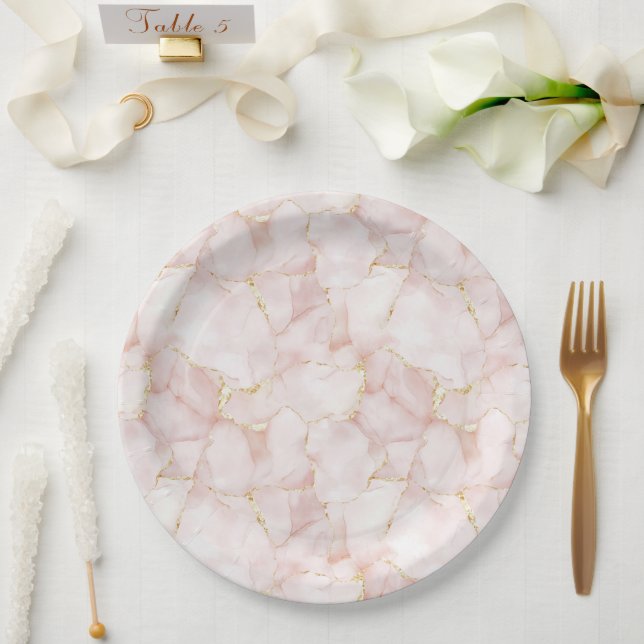 Gold Blush Pink Rose Petals Floral Wedding Pappteller (Hochzeit)