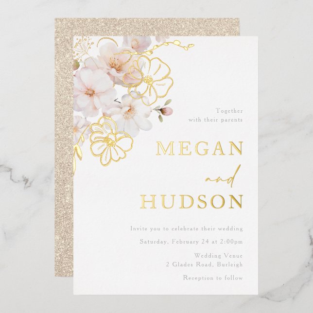 Gold & Blush Wildflowers Wedding Golden Folieneinladung (Vorderseite/Rückseite)