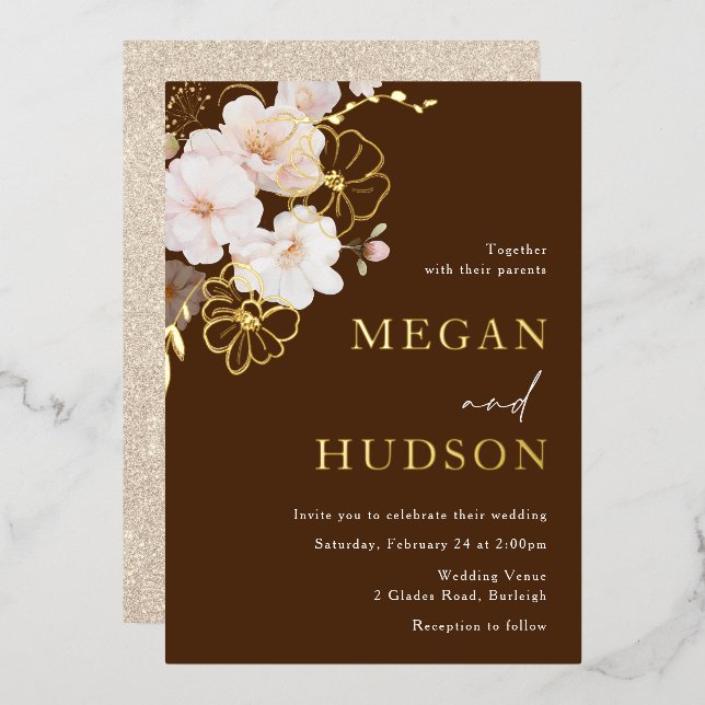 Gold & Blush Wildflowers Wedding Golden Folieneinladung (Vorderseite/Rückseite)