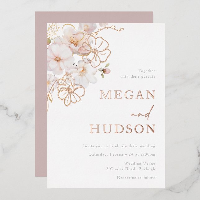 Gold & Blush Wildflowers Wedding Rose Gold Folieneinladung (Vorderseite/Rückseite)