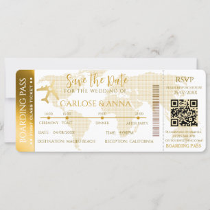 Gold Boarding Pass Hochzeit in Urlaubsort QR-Code Einladung