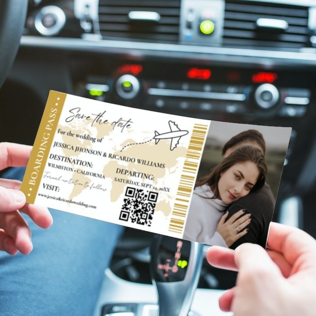 Gold Boarding Pass Hochzeit speichern Sie das Datu Einladung (Von Creator hochgeladen)