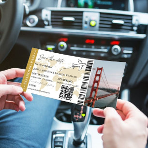 Gold Boarding Pass Hochzeit speichern Sie das Datu Einladung