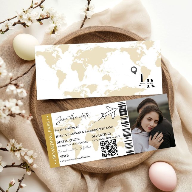 Gold Boarding Pass Hochzeit speichern Sie das Datu Einladung (Von Creator hochgeladen)