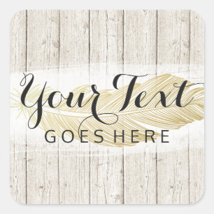 Gold Bohemisch Feather auf rustikalen Holzkarten Quadratischer Aufkleber