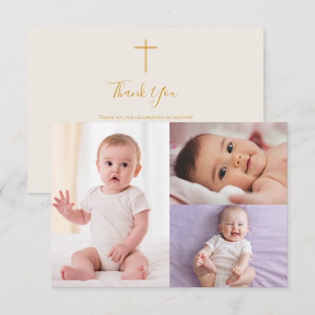 Gold Boho Cross 3-Foto-Taufe Dankeschön Karte (Vorne/Hinten)