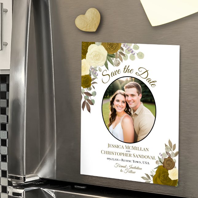 Gold Boho Floral & Foto Hochzeit Sichern Sie das D Magneteinladung (Magnetic Card for Easy Display)