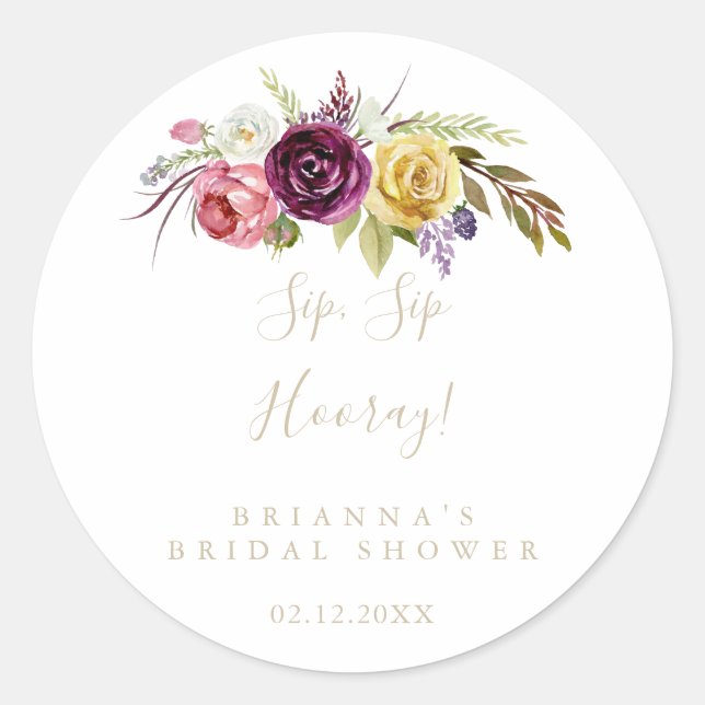 Gold Boho Floral Sip Hooray Brautparty Runder Aufkleber (Vorderseite)