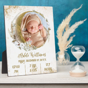 Gold Boho Mond Baby Geburtsstatistik mit Foto Fotoplatte