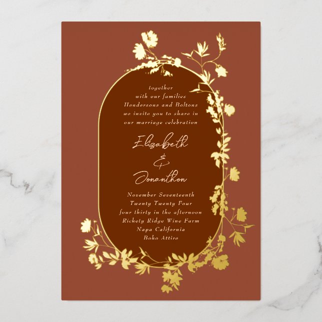 Gold Boho Terracotta Frame Wreath Blumenzehen Folieneinladung (Vorderseite)