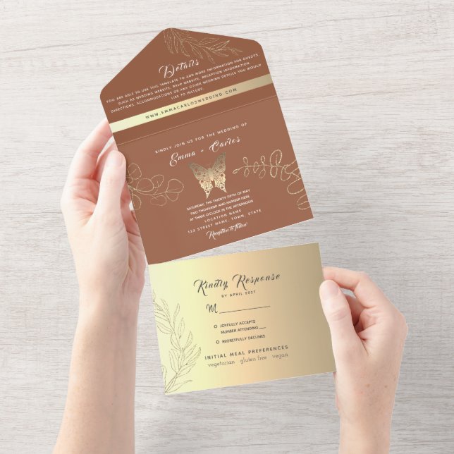 Gold Boho Terracotta Wedding All In One Einladung (Abreißen)