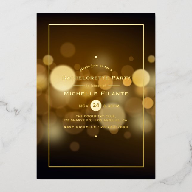 Gold Bokeh Bachelorette Party Foil Invitation (Recto)
