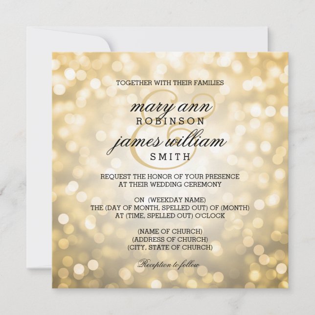 Gold Bokeh beleuchtet elegante Hochzeit Einladung (Vorderseite)