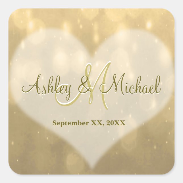 Gold Bokeh | Hochzeitsticker Quadratischer Aufkleber (Vorderseite)