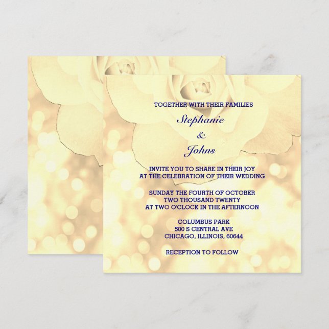 Gold Bokeh Ivory Sepia Floral Glitzer Wedding Einladung (Vorne/Hinten)