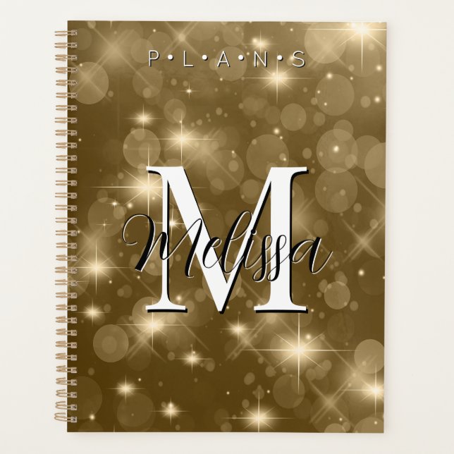 Gold Bokeh Modern Monogram Sparkle Planner Planer (Vorderseite)