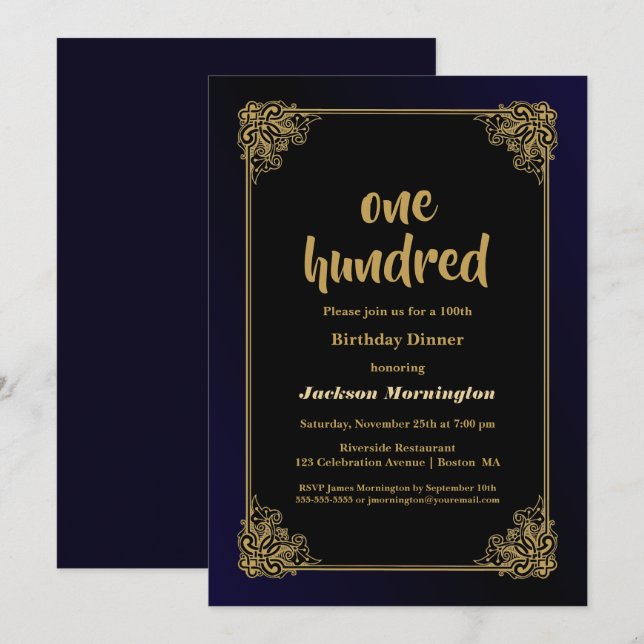 Gold Border Black 100. Geburtstag Abendessen Einladung (Vorne/Hinten)