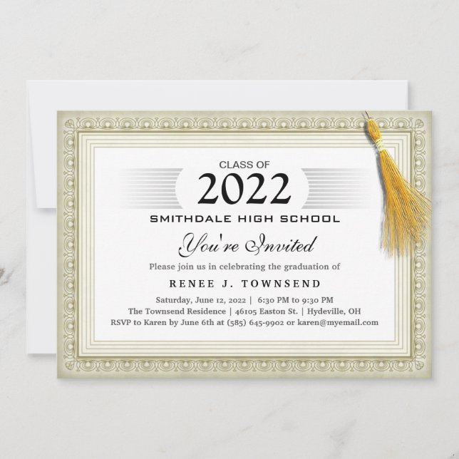 Gold Border Tassel Diploma Graduation Party Invit Einladung (Vorderseite)