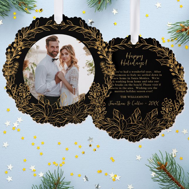 Gold Botanical Christmas Wreath Custom Photo Ornament Karte (Von Creator hochgeladen)