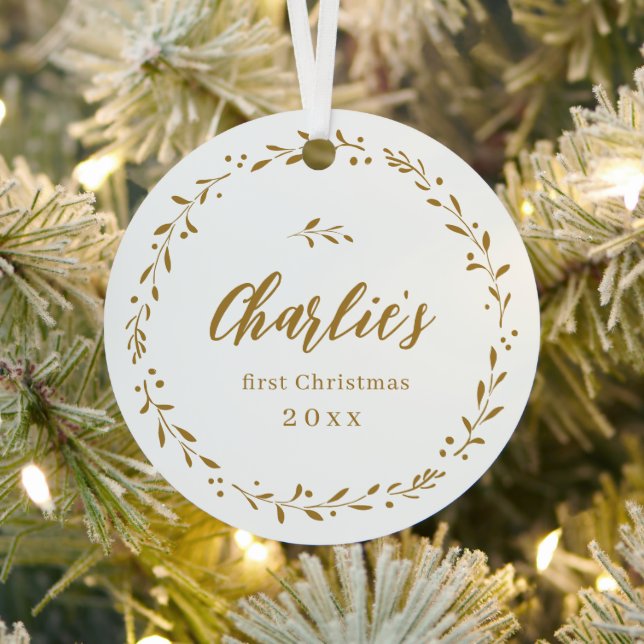 Gold Botanical Personalisiert Baby's First Christm Ornament Aus Metall (InSitu)