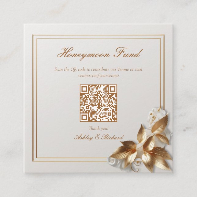 Gold Botanical Wedding Honeymoon Fund QR Code Begleitkarte (Vorderseite)