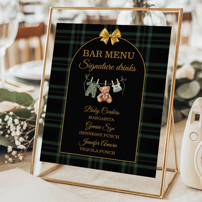 Gold Bow Bear Tartan Baby Shower Bar Menu Poster (Von Creator hochgeladen)