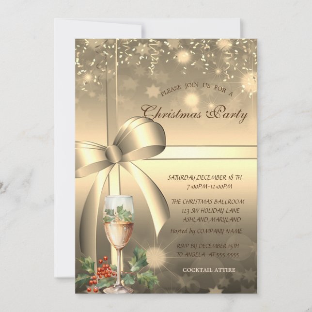 Gold Bow, Champagne Berry Company Weihnachten Einladung (Vorderseite)
