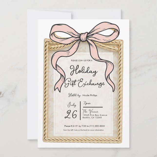 Gold Bow Frame Rosa Ribbon Bow Holiday Geschenk Einladung (Vorderseite)