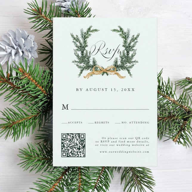 Gold Bow & Green Pine Wreath Wedding QR Code Mint RSVP Karte (Von Creator hochgeladen)