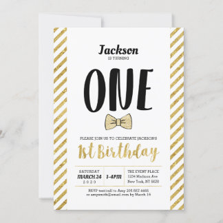 Gold, Bow Krawatte | Junge 1. Geburtstag Einladung