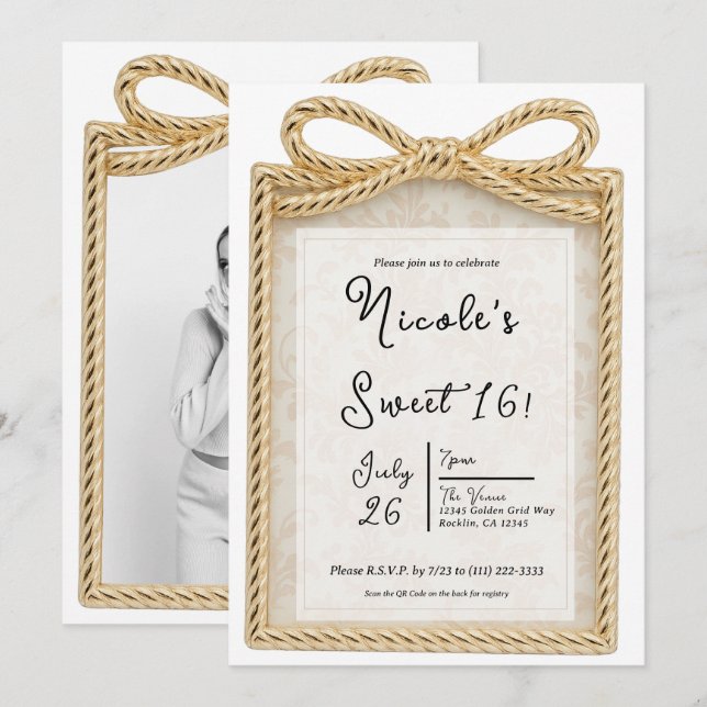 Gold Bow Present Geschenkboxen Sweet 16 Party Foto Einladung (Vorne/Hinten)
