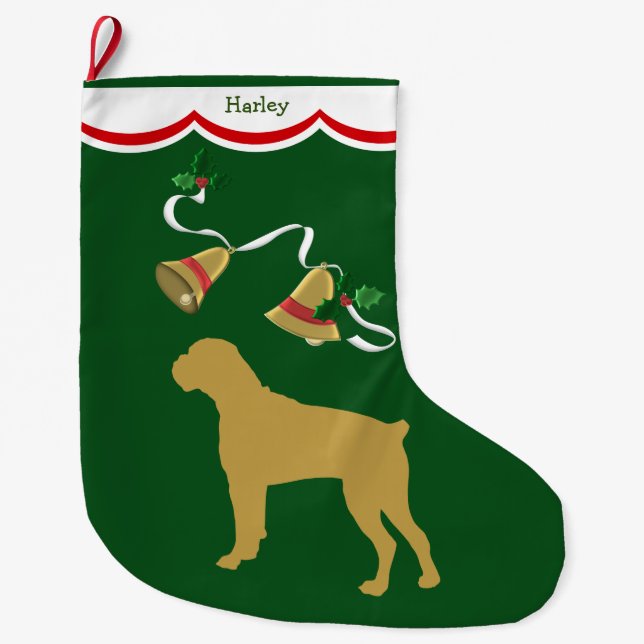 Gold Boxer Dog Holiday Bells Großer Weihnachtsstrumpf (Vorderseite)