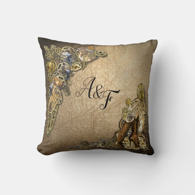 Gold & Brass Steampunk Skulpturen Hochzeitsgeschen Kissen (Vorderseite)