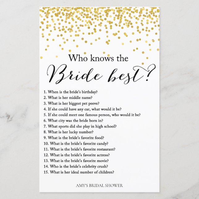 Gold Brautparty Game - wer Braut am besten kennt (Vorderseite)